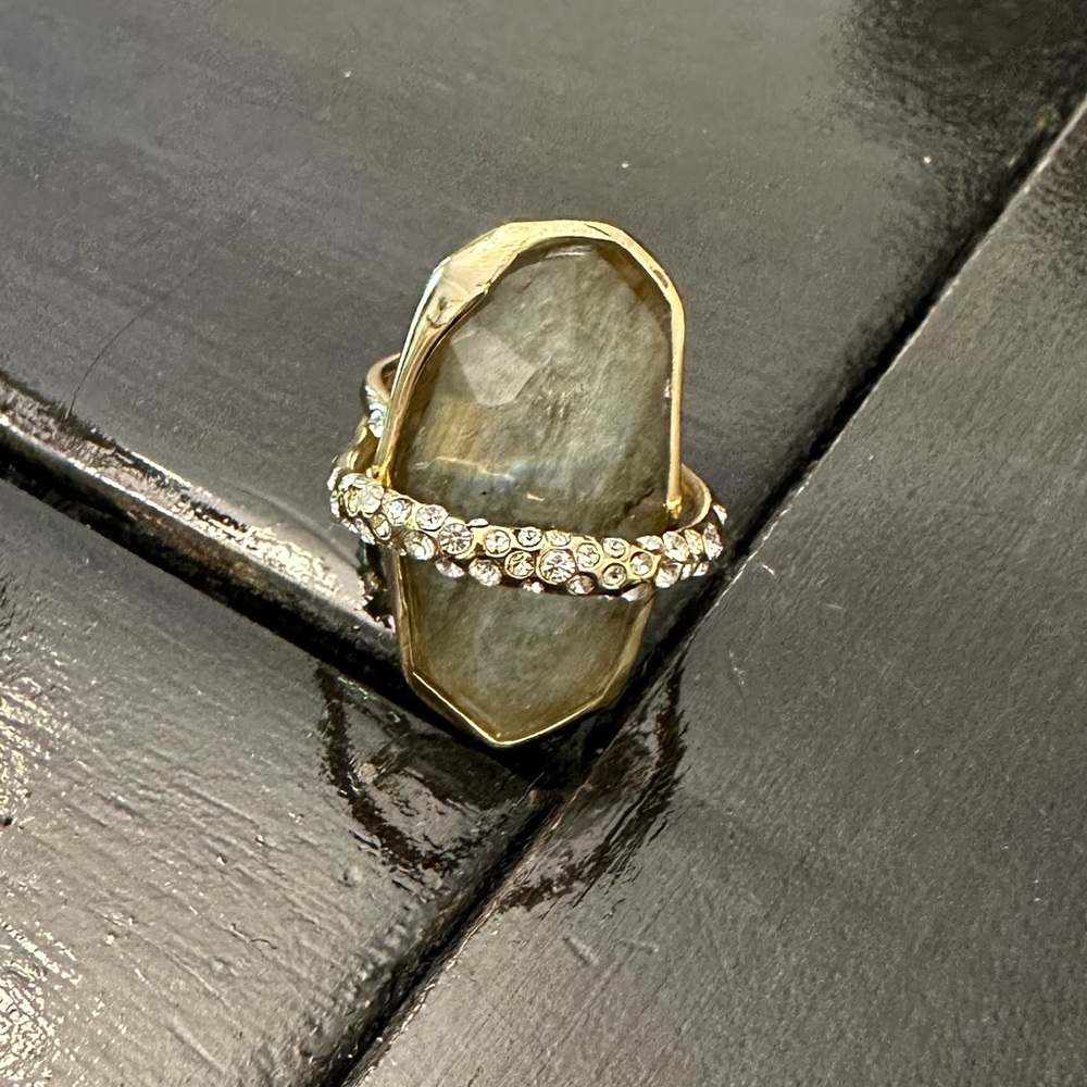 Alexis Bittar Gold-Tone Ring with Faceted Gray Stone and Crystal Band